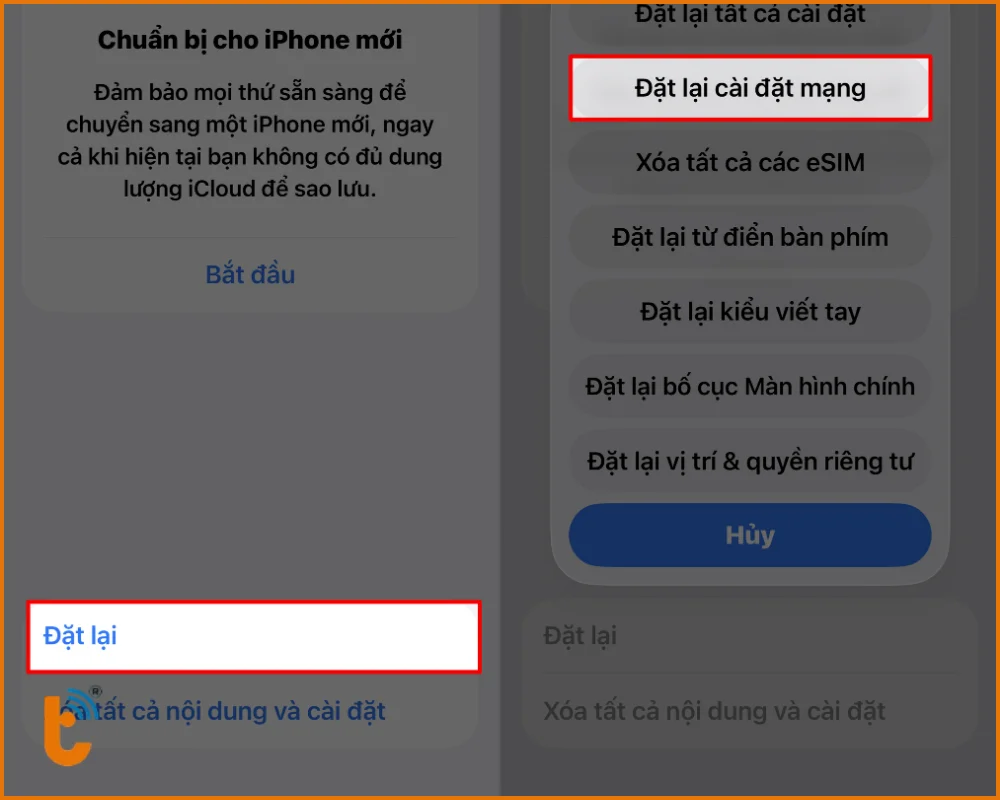 Chọn Đặt lại và nhấn Đặt lại cài đặt mạng