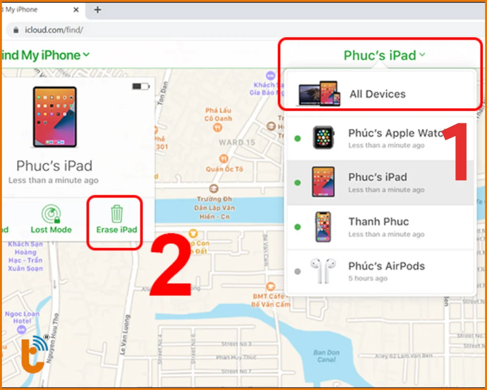 Chọn iPad đang bị vô hiệu hóa và chọn Erase iPad (Xóa iPad)
