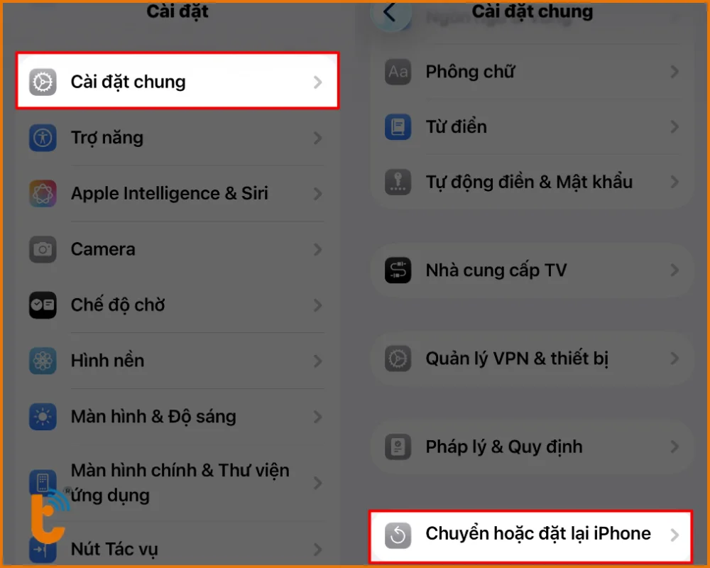 Vào Cài đặt chung và chọn Chuyển hoặc đặt lại iPhone