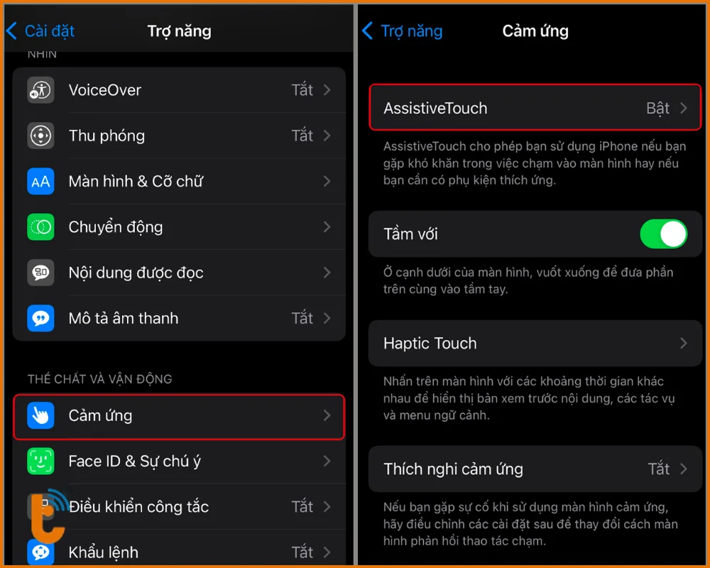 Vào cảm ứng để bật Trợ năng