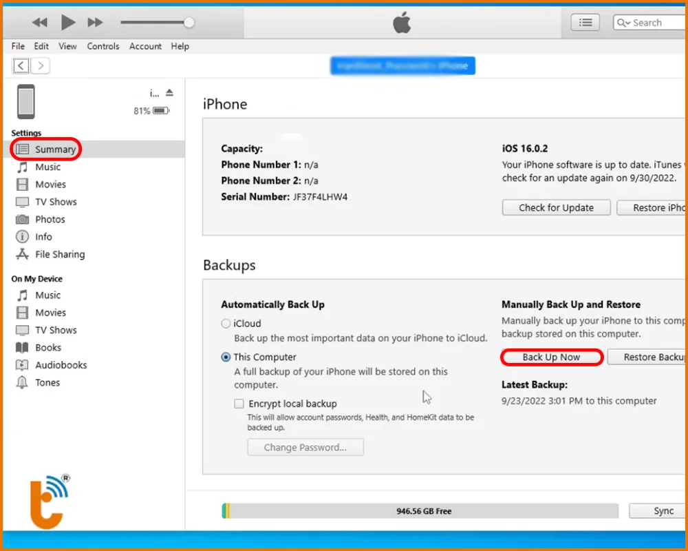 Sao lưu qua máy tính bằng iTunes