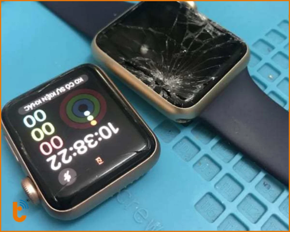 Vết cày xước sâu bị cấn ngón tay và mẻ mép kính Apple Watch