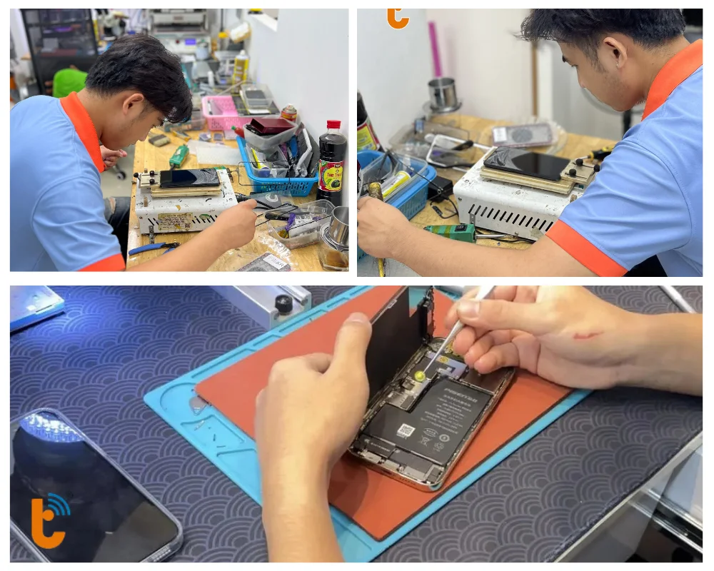 Kỹ thuật viên tại Thành Trung Mobile thực hiện quy trình thay pin theo chuẩn Apple