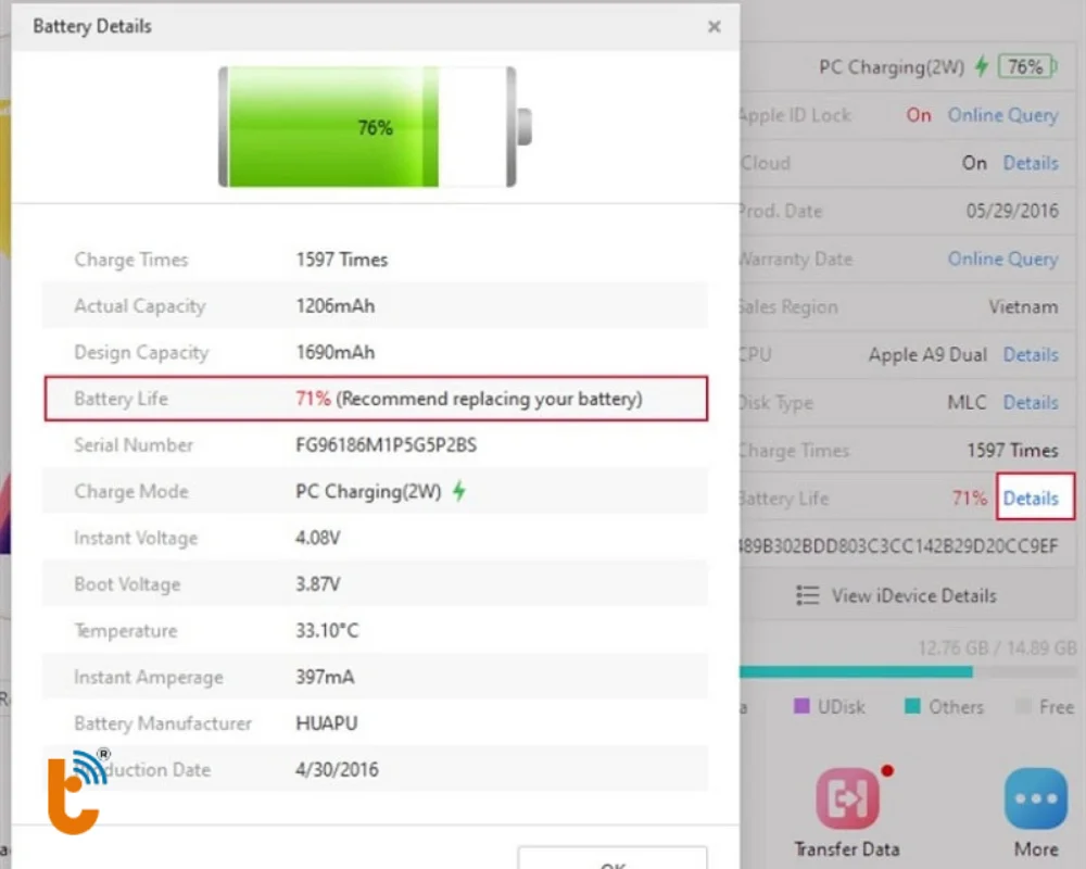 Dùng phần mềm 3uTools để kiểm tra pin