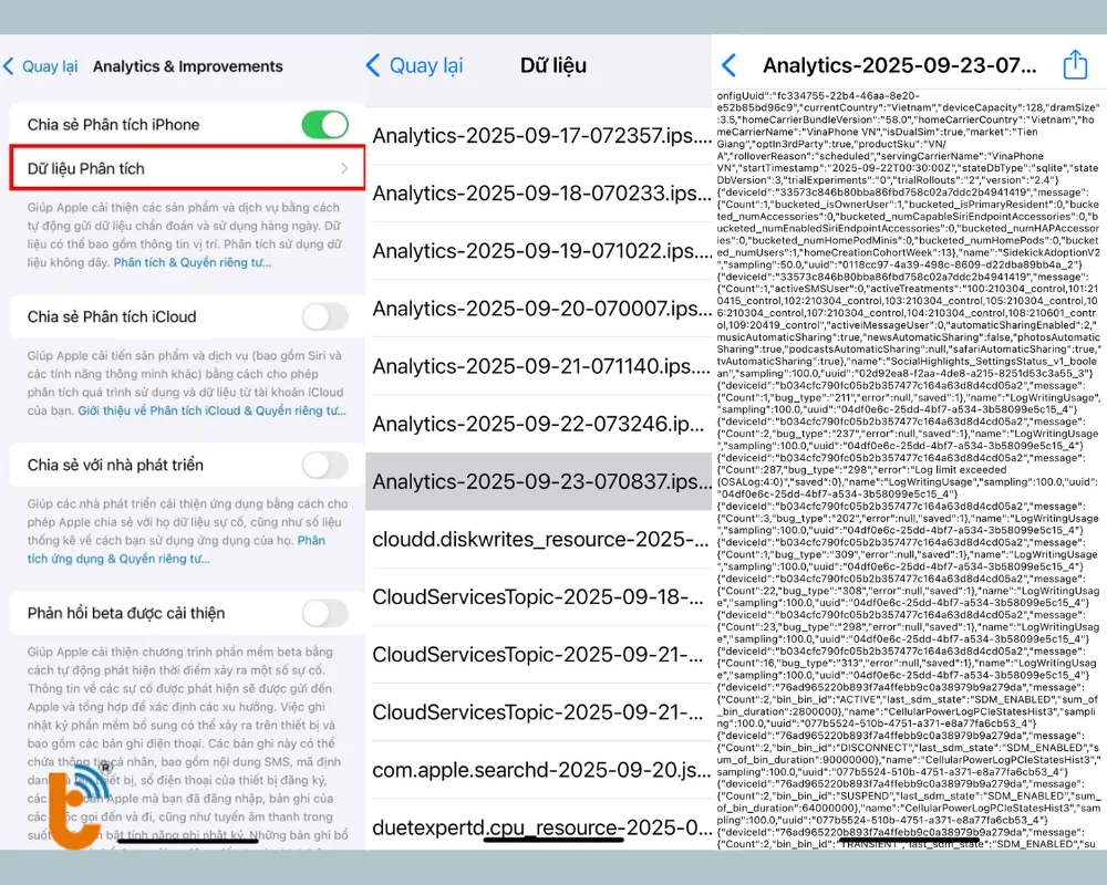 Bật Chia sẻ phân tích iPhone>Dữ liệu phân tích>tìm tệp Analytics-Năm-Tháng-Ngày (tệp mới nhất)