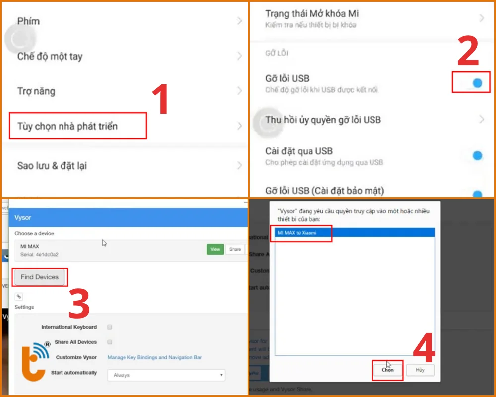 Các bước thực hiện trên phần mềm chuyên dụng Vysor