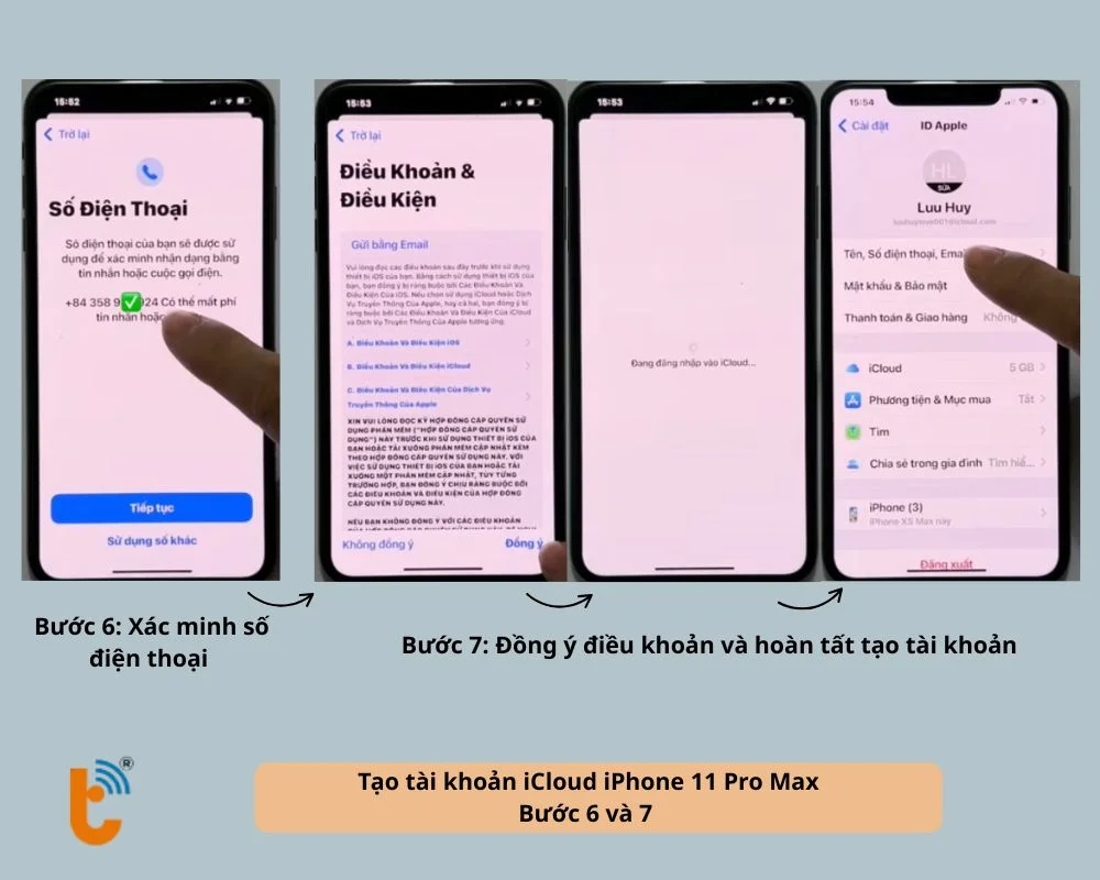 Xác minh số điện thoại và đông ý để hoàn tất tạo tài khoản iCloud cho iPhone 11 Pro Max