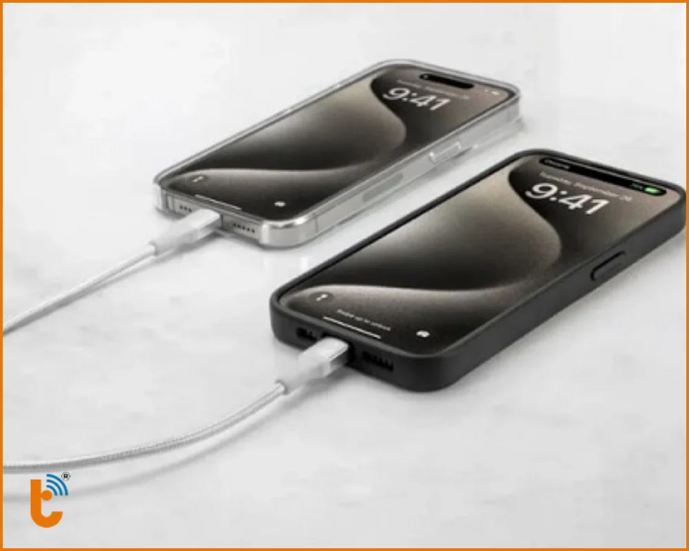 Cắm một đầu vào iPhone 15 đầu còn lại kết nối với thiết bị cần sạc