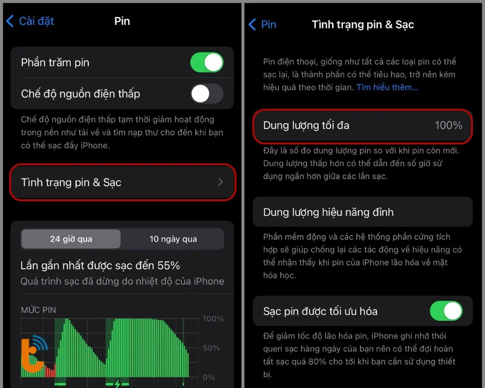  Chọn mục Tình trạng pin & Sạc > Lúc này bạn có thể thấy được mục Dung lượng tối đa