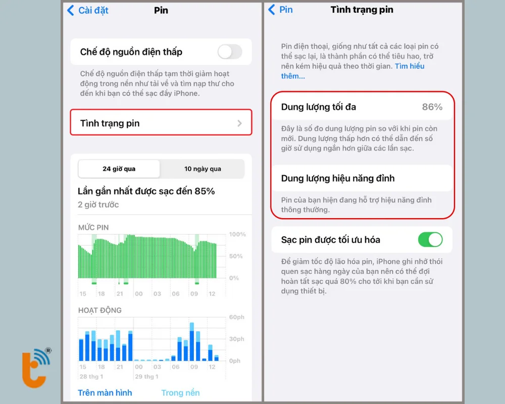 Chọn Tình trạng pin → xem Dung lượng tối đa/Dung lượng hiệu năng đỉnh