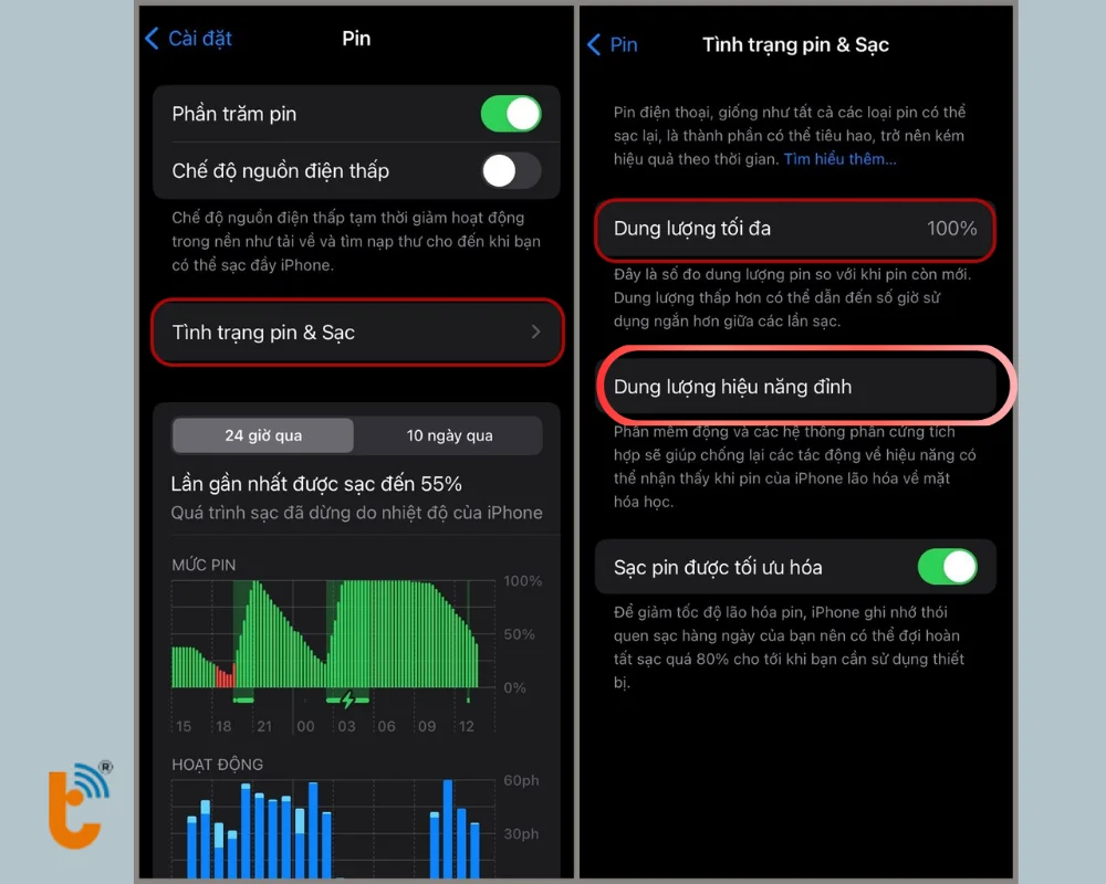 Chọn Tình trạng pin & sạc để xem Dung lượng tối đa và Dung lượng hiệu năng đỉnh