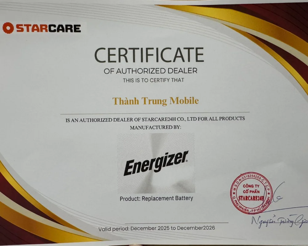 Chứng nhận Thành Trung Mobile là đại lý ủy quyền chính thức phân phối pin Energizer chính hãng