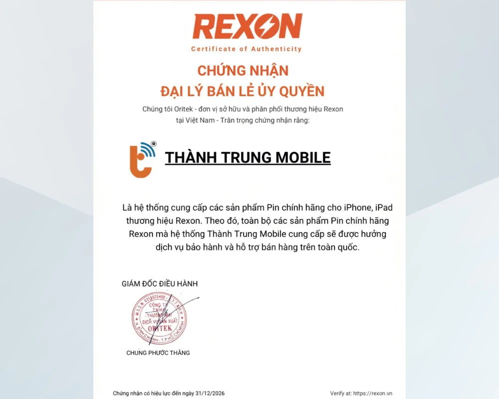 Chứng nhận Thành Trung Mobile là đại lý ủy quyền chính thức phân phối pin Rexon chính hãng