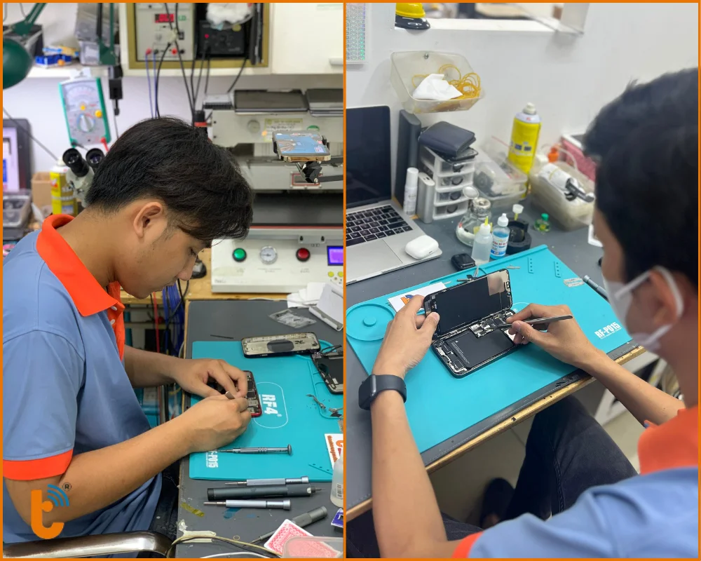 Đội ngũ kỹ thuật viên tại Thành Trung Mobile đang thực hiện thay pin điện thoại