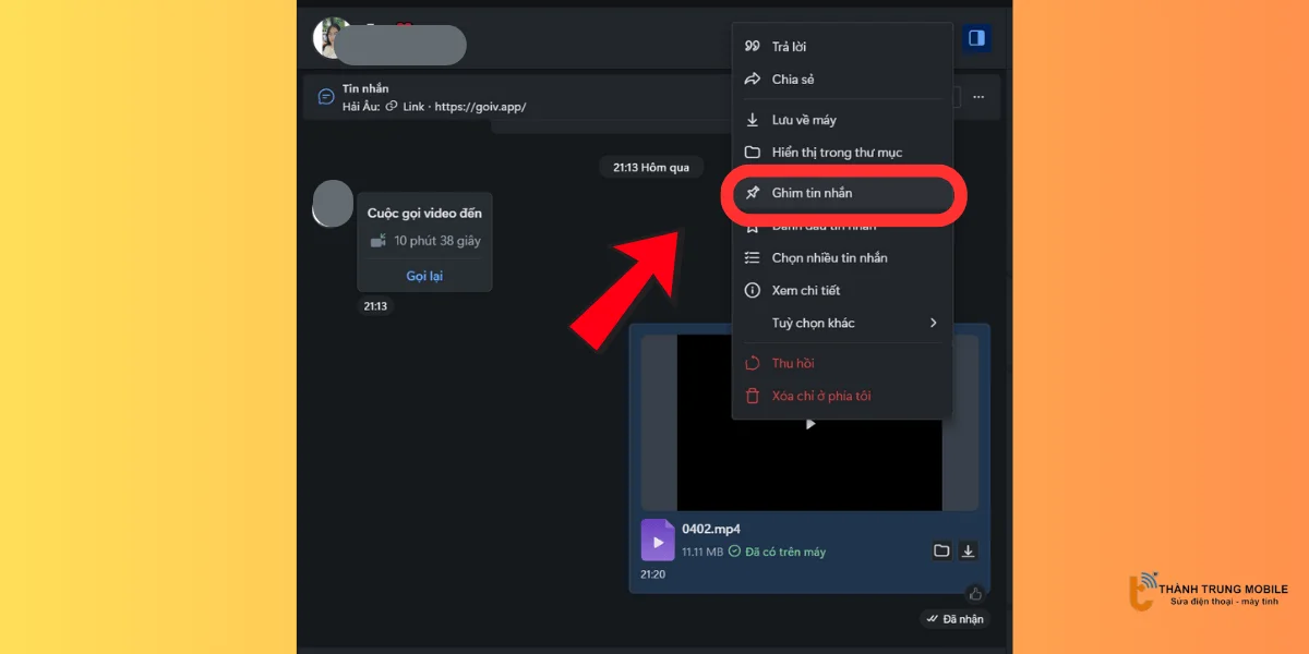Ghim tin nhắn Zalo trên máy tính