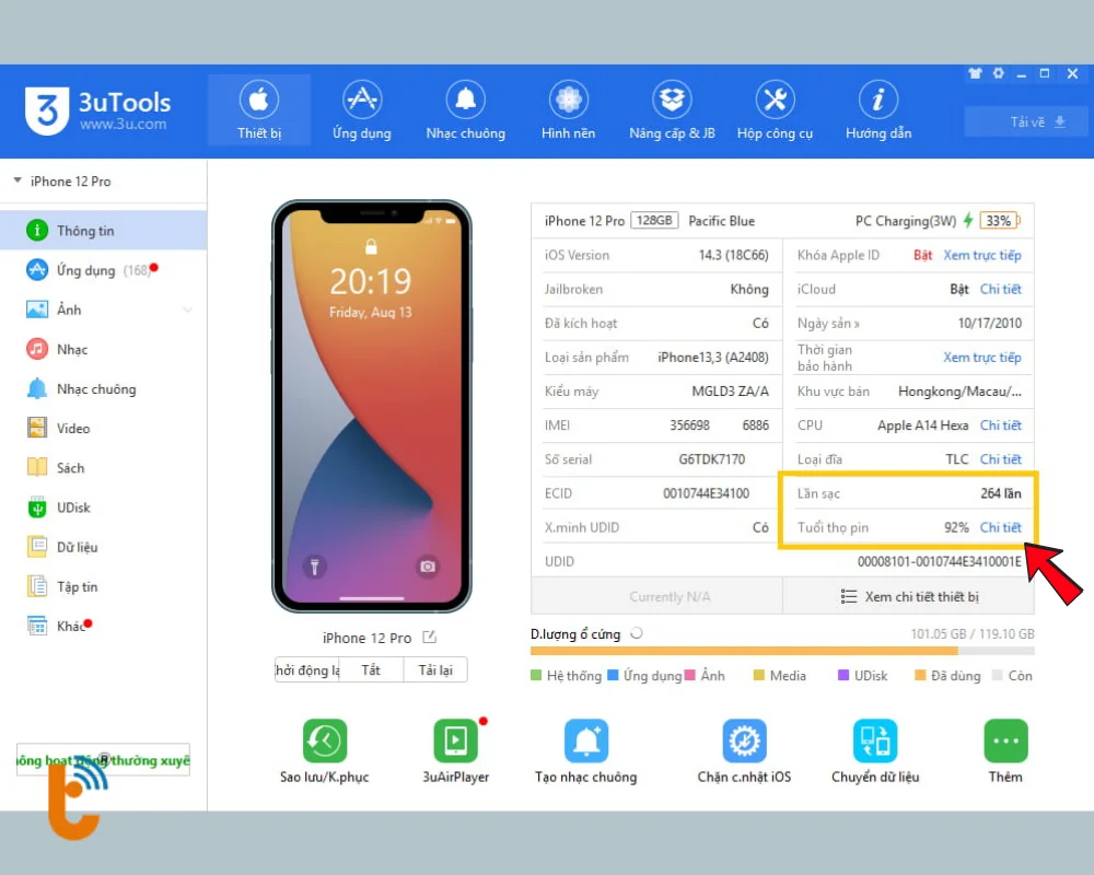 Giao diện phần mềm 3U Tools bạn chọn Chi tiết để xem thêm thông số cụ thể 