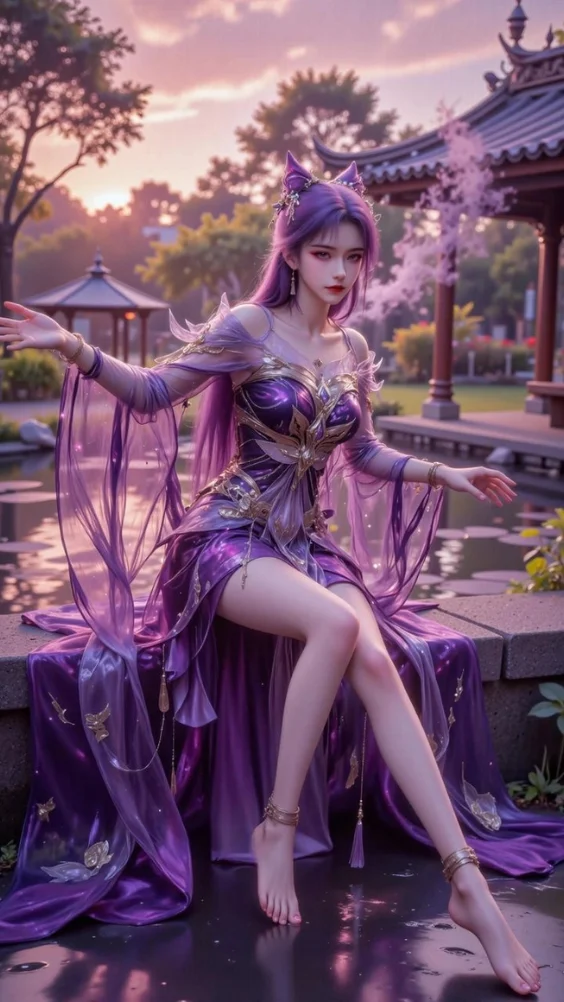 Hồ ly tím bên hồ sen chiều