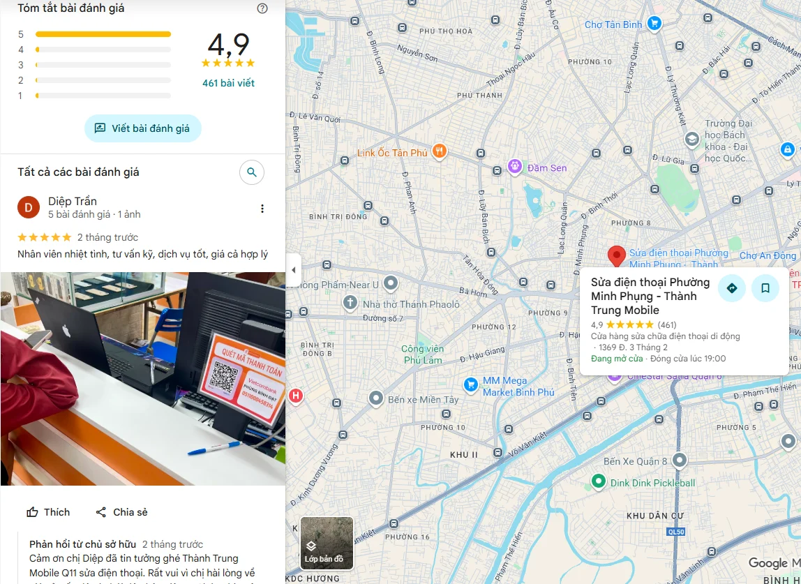 Đánh giá của khách hàng trên Google Maps Thành Trung