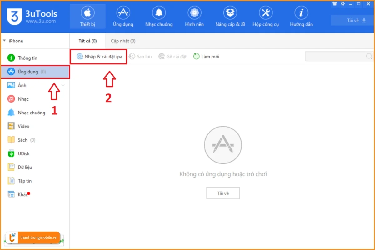 Kết nối iPhone qua 3uTools > Ứng Dụng > Nhập & Cài Đặt iPA