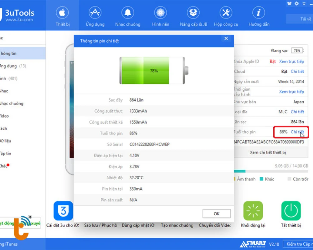 Kiểm tra pin iPhone 13 Pro Max bằng phần mềm 3uTools