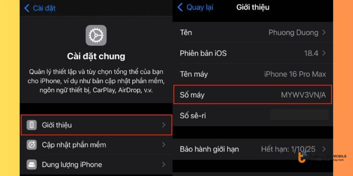 Kiểm tra số máy iPhone trong cài đặt