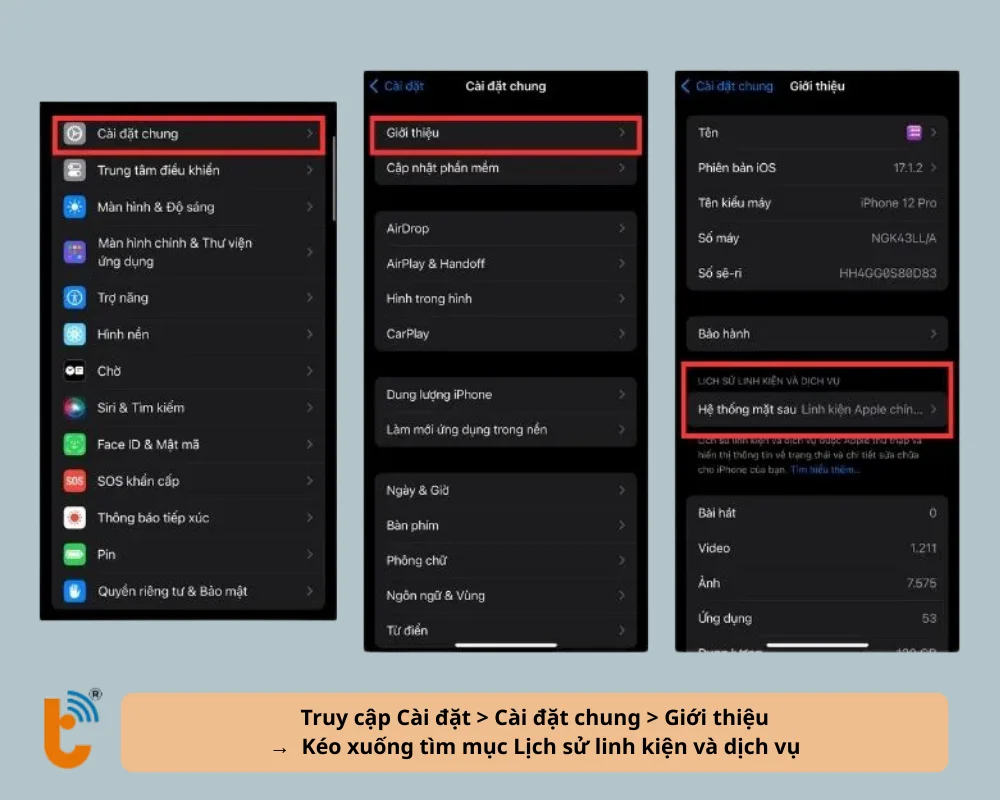 Kiểm tra trong mục Linh kiện & Lịch sử dịch vụ