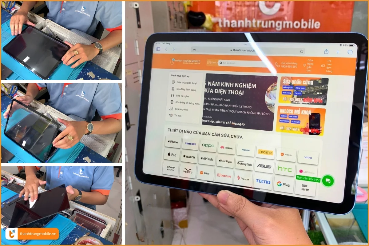 Kỹ thuật viên đang thực hiện quy trình thay màn hình iPad - Thành Trung Mobile