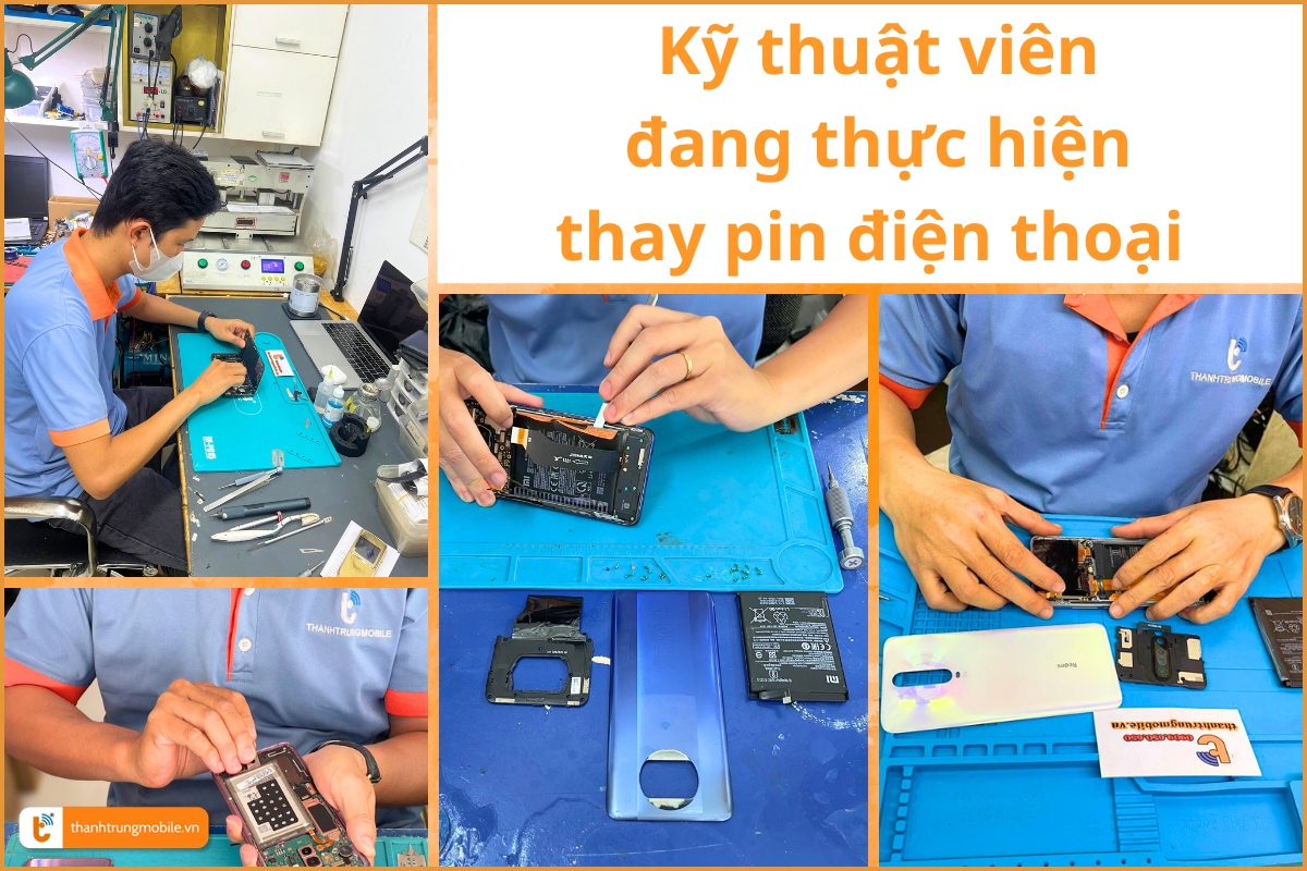 Kỹ thuật viên tiến hành quy trình thay pin điện thoại