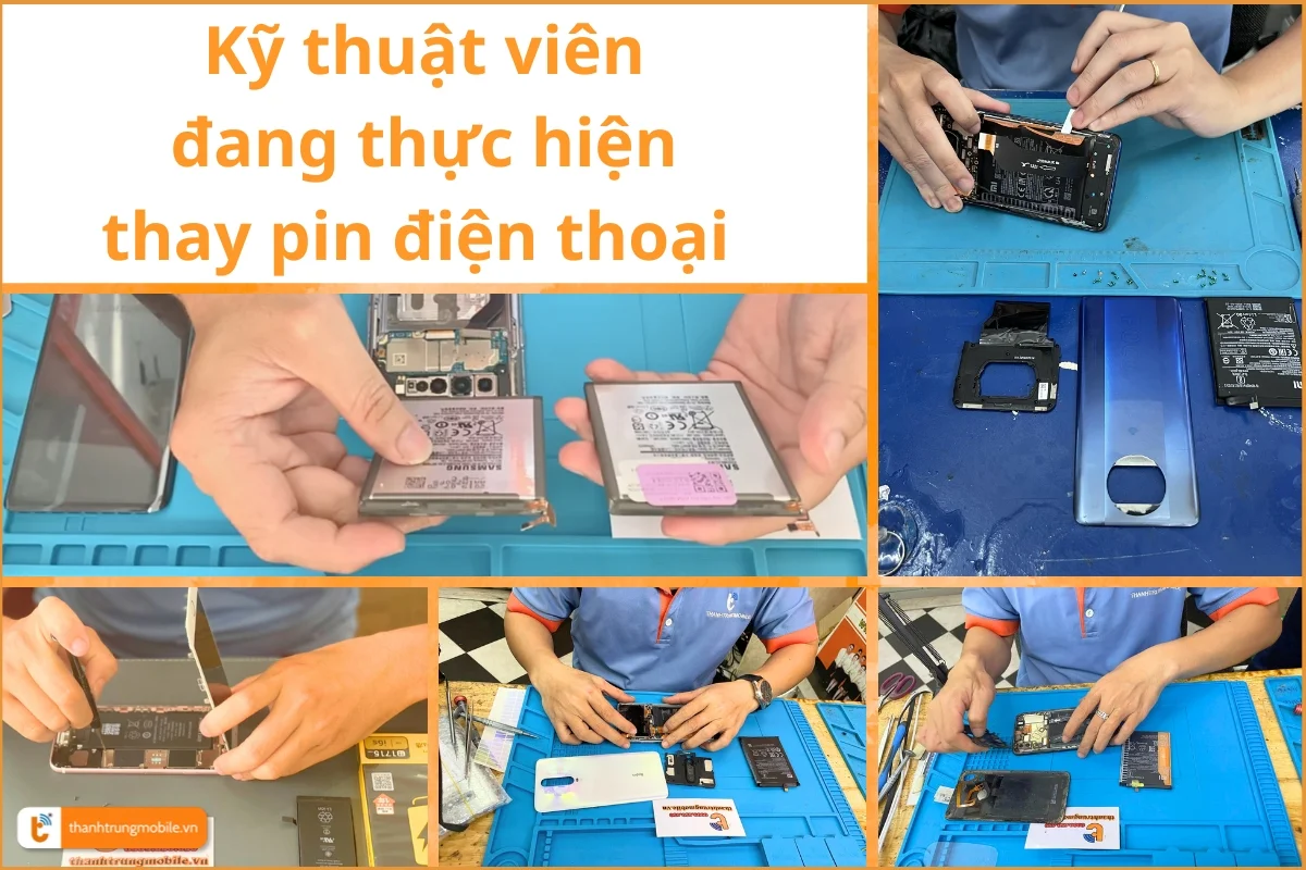 Kỹ thuật viên tiến hành quy trình thay pin điện thoại - Thành Trung Mobile