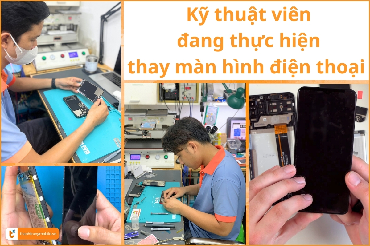 Kỹ thuật viên tiến hành thay màn hình điện thoại