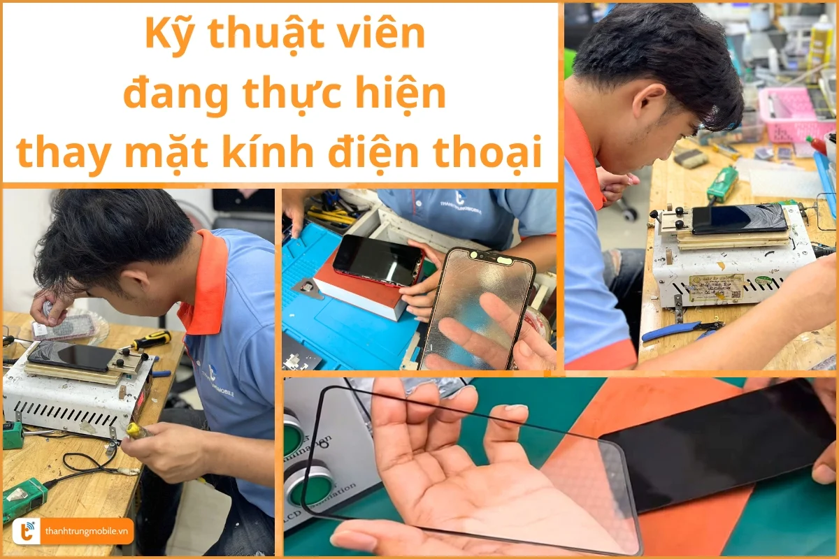 Kỹ thuật viên của Thành Trung Mobile tiến hành thay mặt kính cho điện thoại
