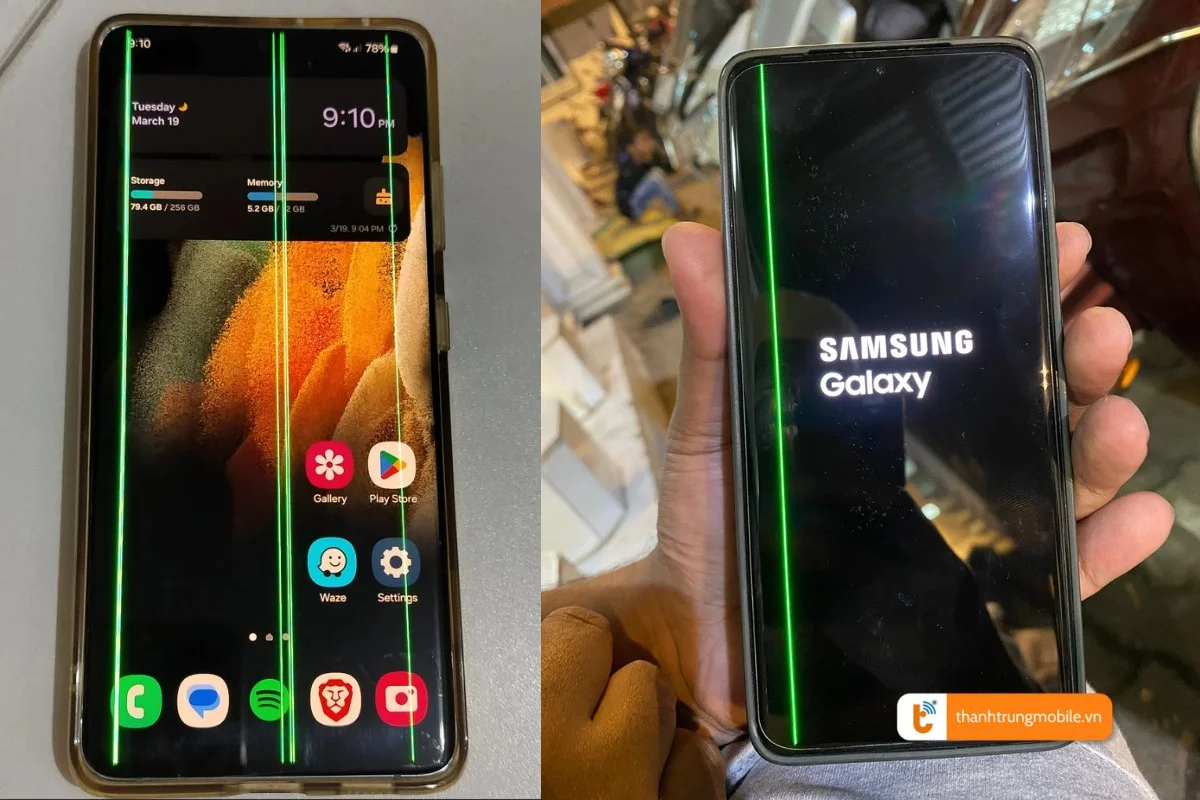 màn hình samsung s21 bị sọc xanh