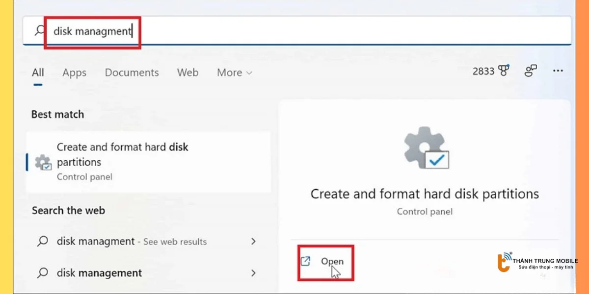 Mở Disk Management 