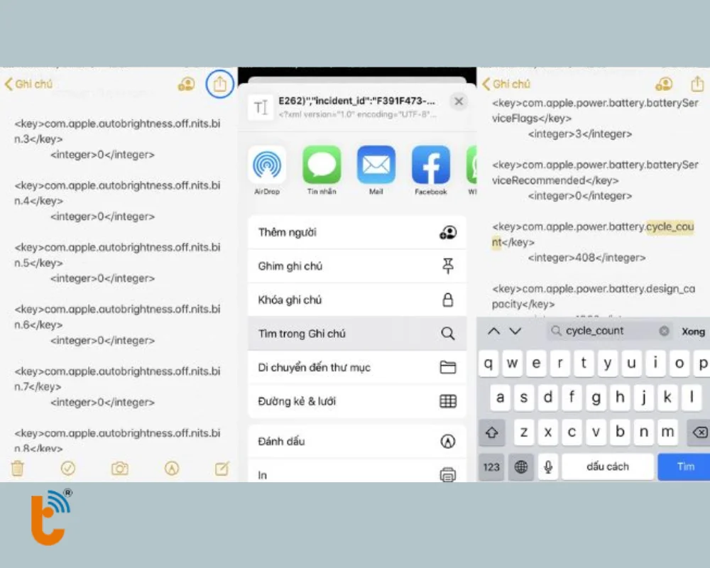  Mở ứng dụng Ghi chú (Notes) dán nội dung đã sao chép vào và nhập từ khóa để xem số lần sạc 
