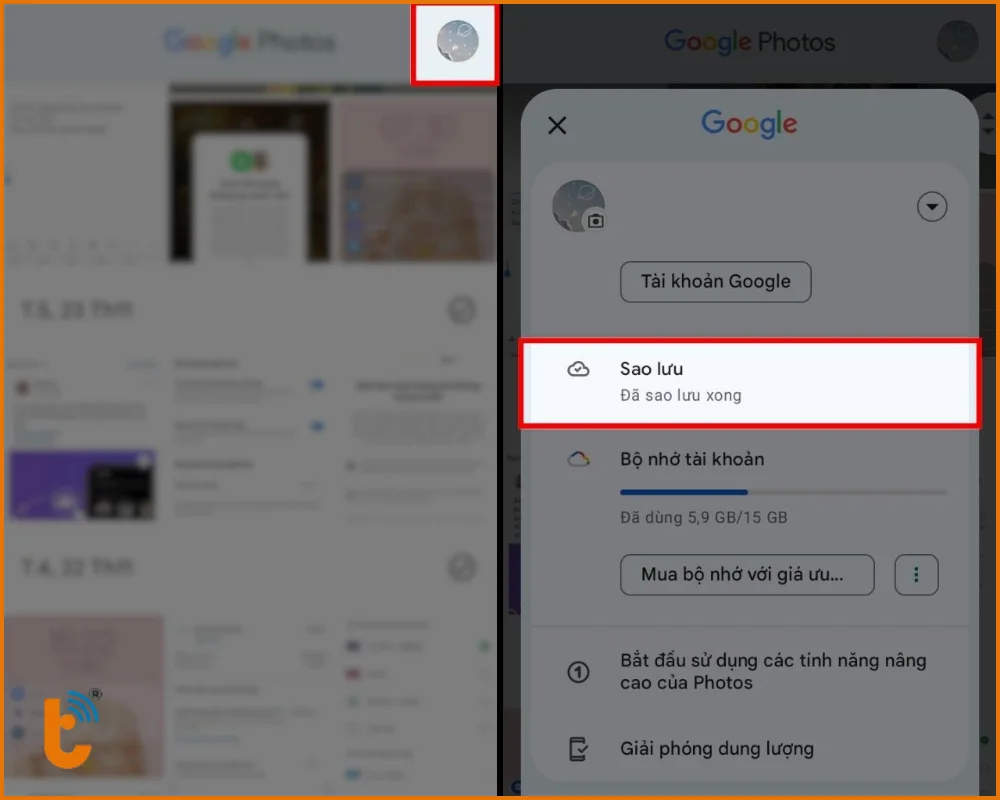 Mở ứng dụng Google Photos và chọn mục Sao lưu