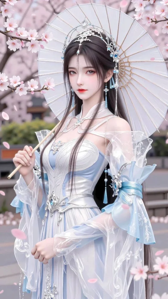 Nàng dù giấy bên hoa