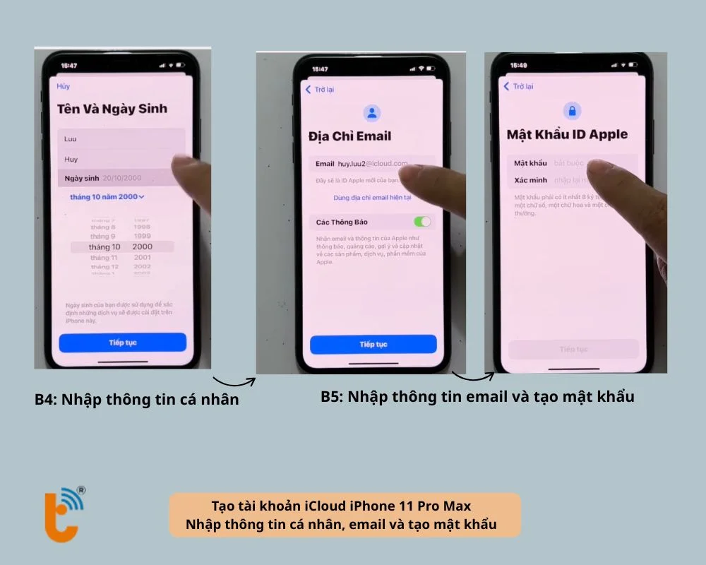 Nhập thông tin cá nhân, email và tạo mật khẩu ID Apple cho iPhone
