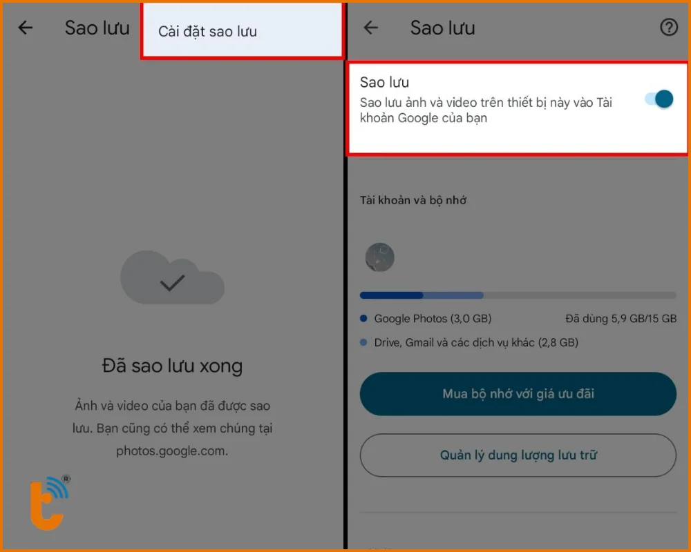 Nhấn chọn vào biểu tượng ba dấu chấm và gạt công tắc sang tại mục Sao lưu