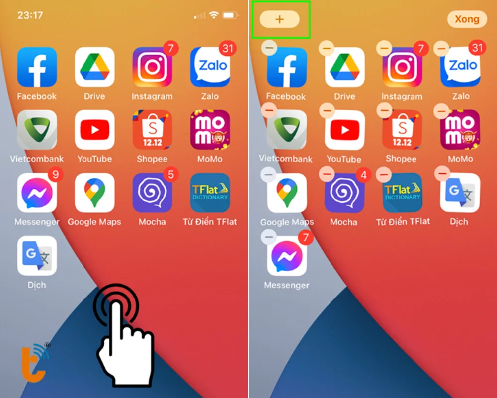 Nhấn và giữ màn hình chính → chọn dấu + (Thêm widget)