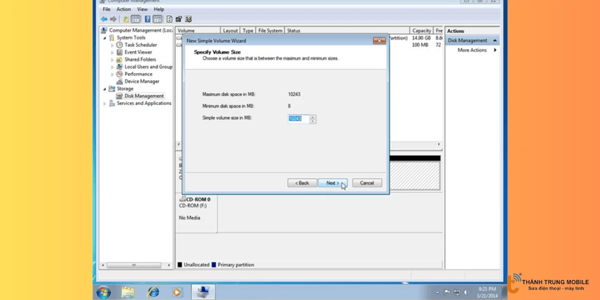 Nhập dung lượng cần tách 