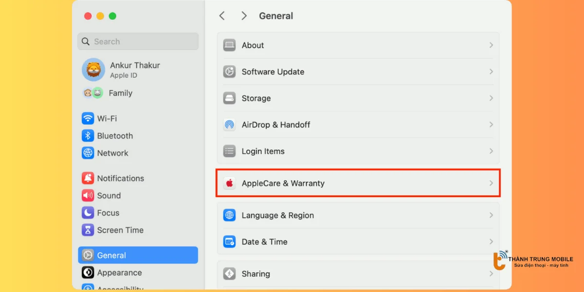 Nhấp vào AppleCare & Warranty
