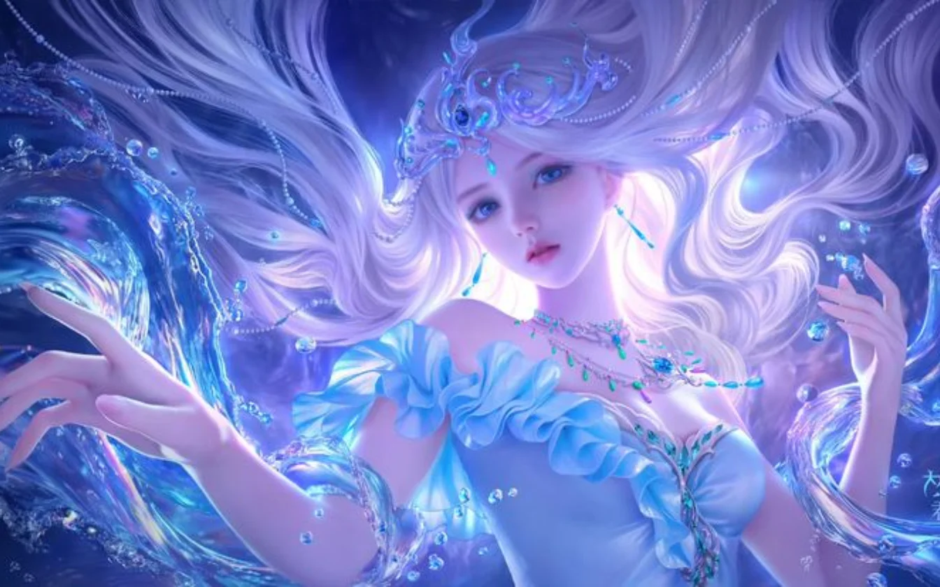 Nữ thần biển cả điều khiển sóng nước xanh huyền ảo