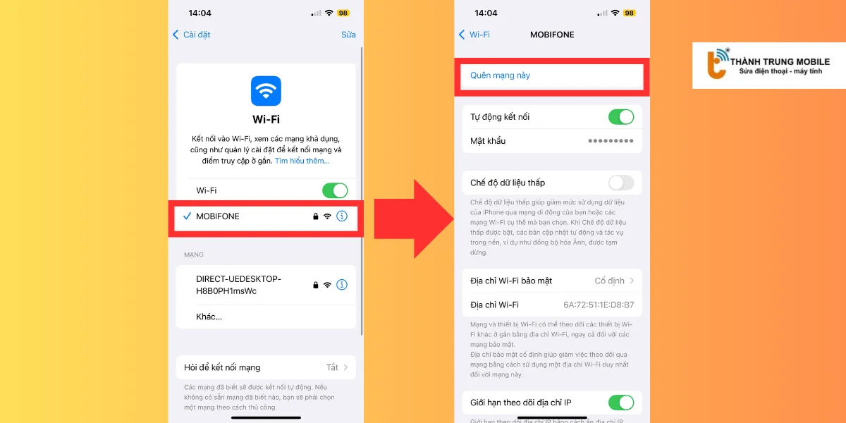 Quên mạng Wifi trên iPhone