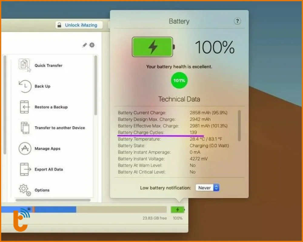 Sử dụng phần mềm iMazing kiểm tra tình trạng pin