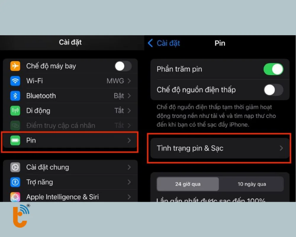 Kiểm tra tình trạng pin sạc ở cài đặt