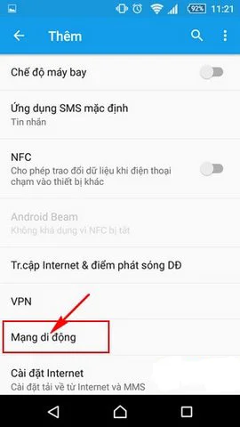 Chọn tính năng Mạng di động
