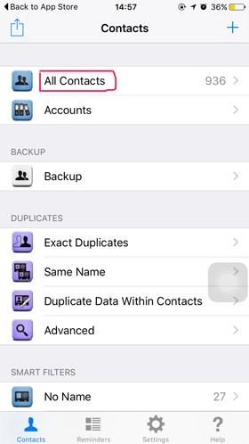 Khi chọn All Contacts toàn bộ số liên hệ của bạn sẽ hiện ra