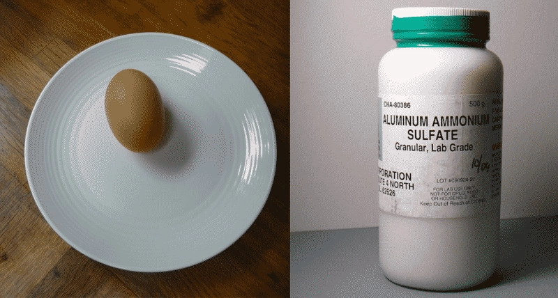 Trứng và potassium aluminum sulfate (kali alum/potassium alum/phèn chua)