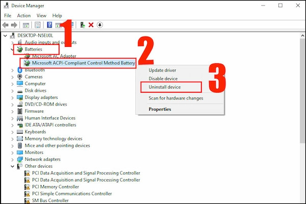 Tại mục Microsoft ACPI-Compliant Control Method Battery và chọn tiếp Chọn Uninstall device