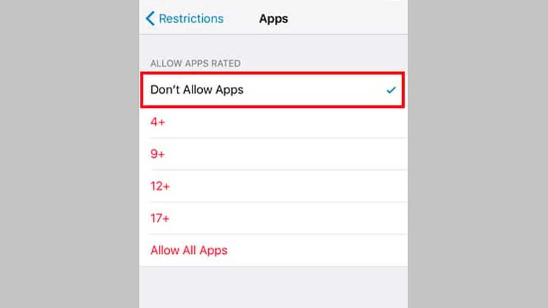 Lựa chọn tùy chọn Don't Allow Apps